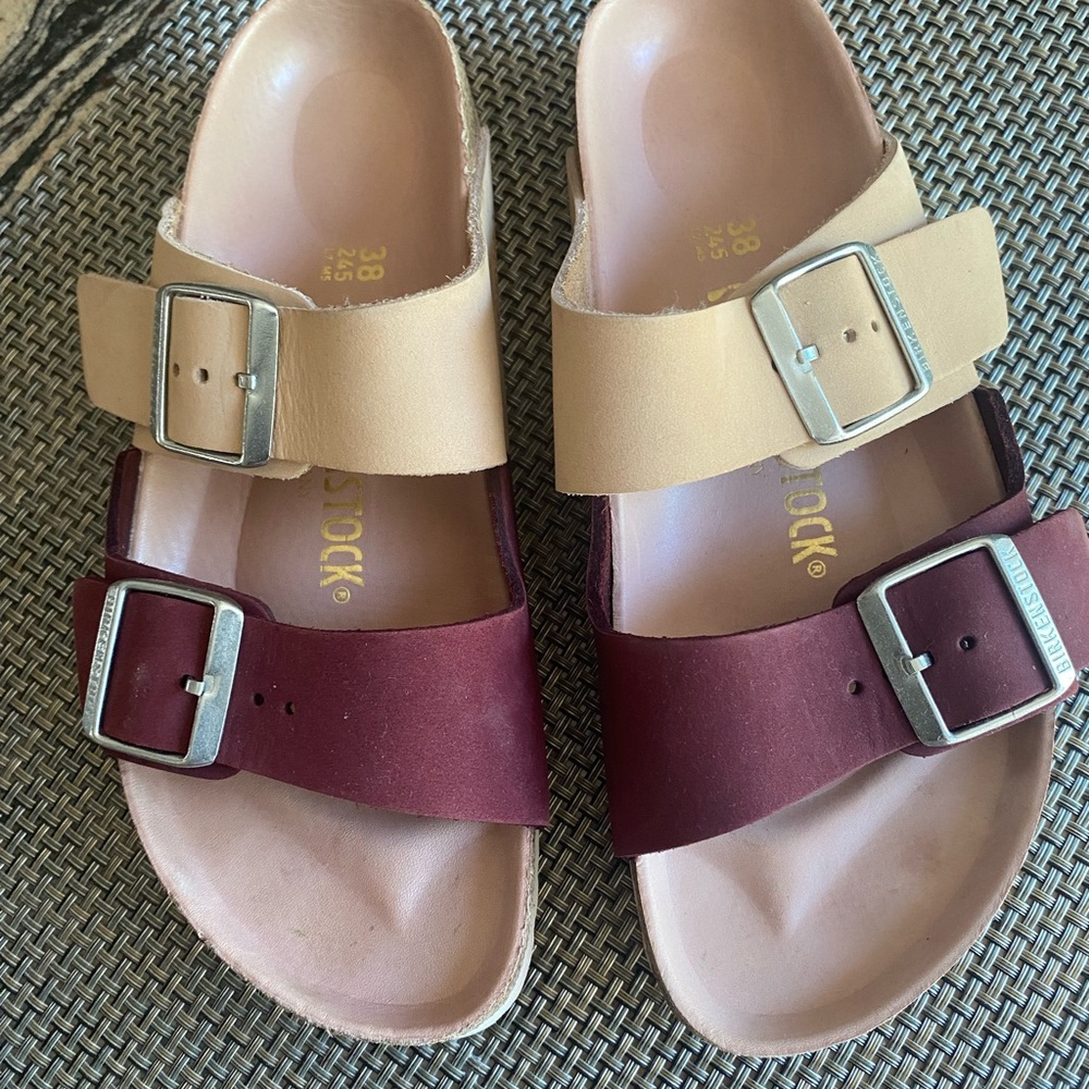 Birkenstock womans wine and beige